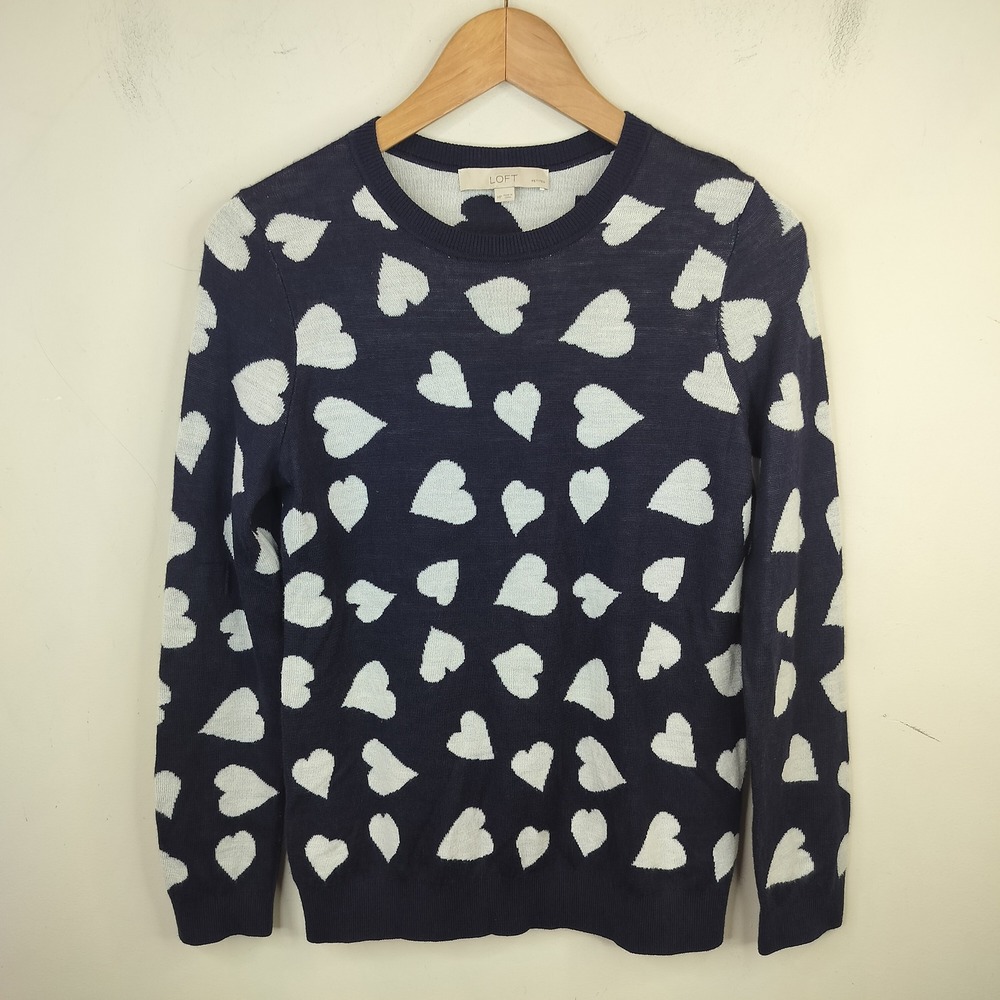 LOFT Heart Print Sweater Womens MP Petite Wool Blend Preppy Romantic Navy